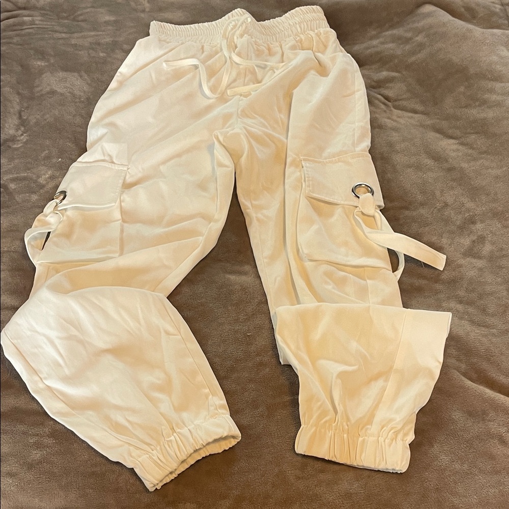Women’s Cream Cargo Jogger Pants with Ring Detail